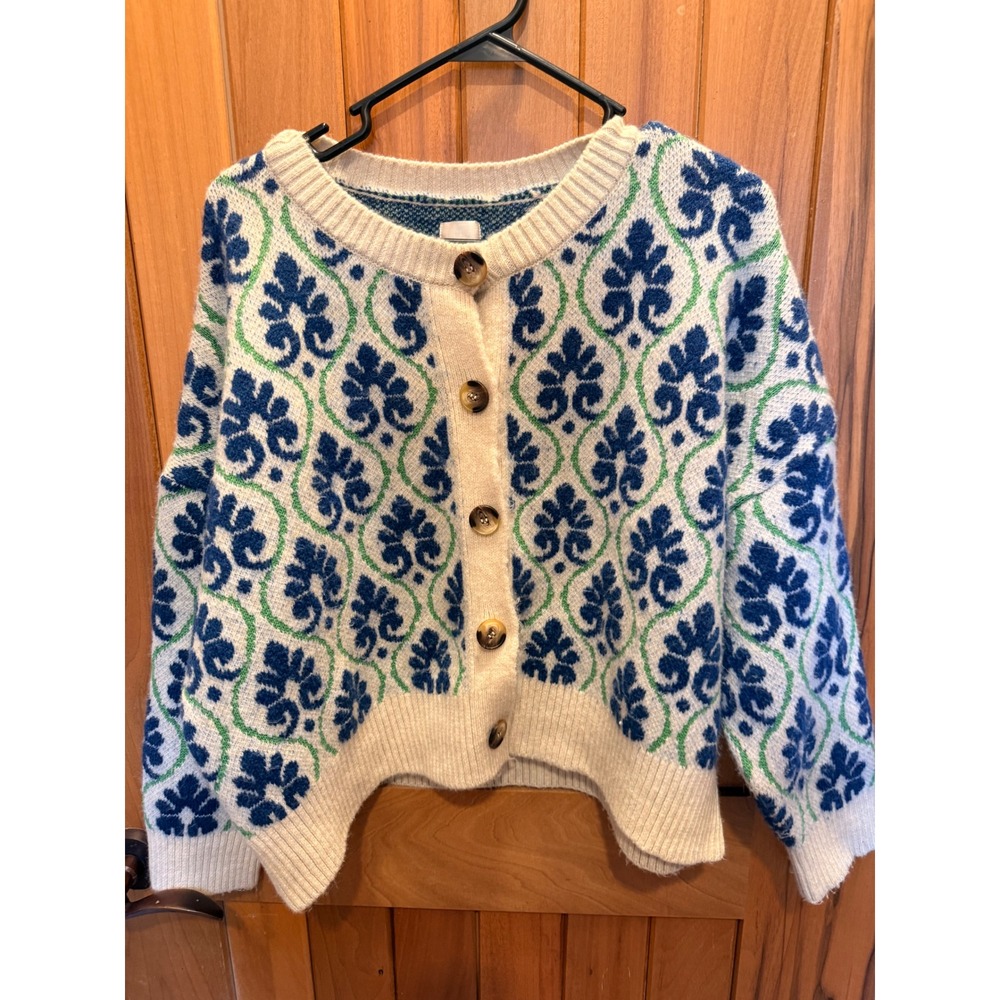 Anthropologie Maeve pop floral cardigan Chunky Knit Sweater Size Large Petite
